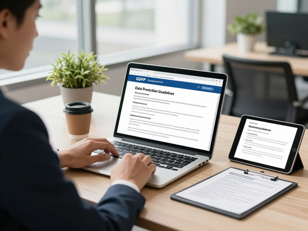 Startseite showcasing a professional handling data protection in a bright office.