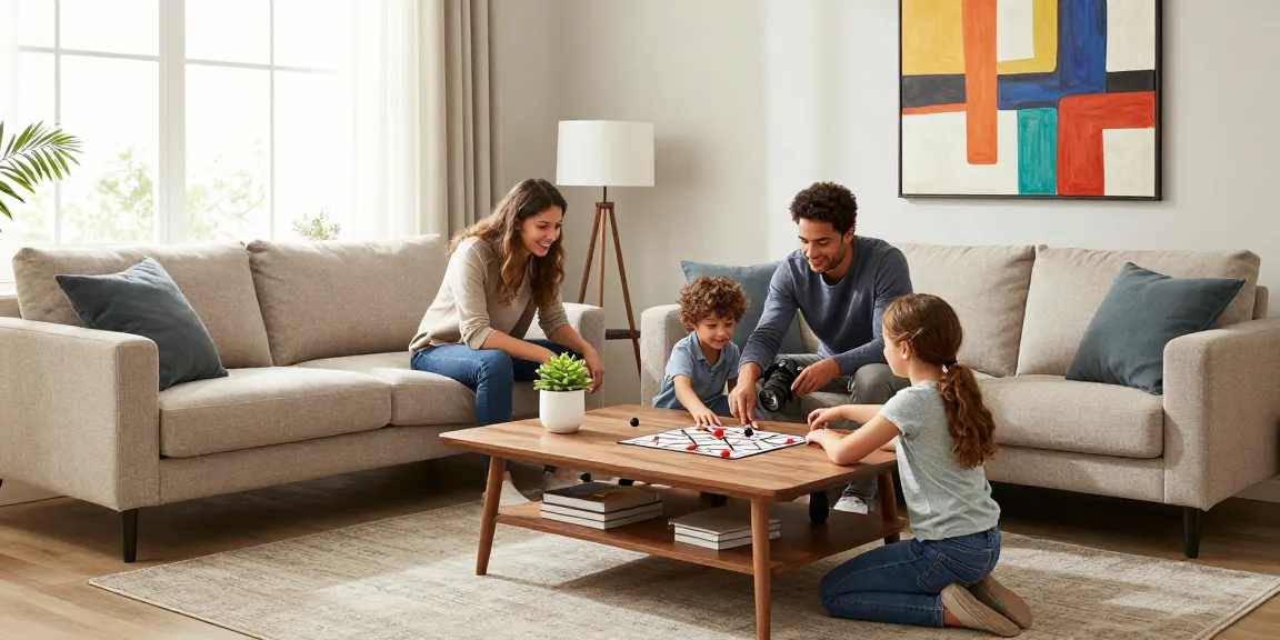 möbel kaufen in einem stilvollen Wohnzimmer mit einem gemütlichen Sofa und Atmosphäre für einen Familien-Spieleabend