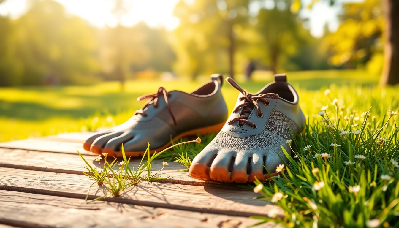 Tragen Sie bequeme Barefoot-Schuhe mit natürlichem Design auf grünem Gras.