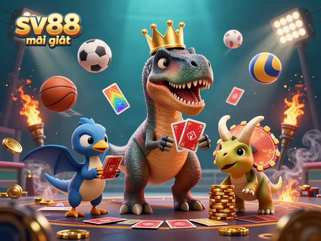 Experience the excitement of sv88 mới nhất with a fun T-Rex card shuffle in a dynamic casino scene.