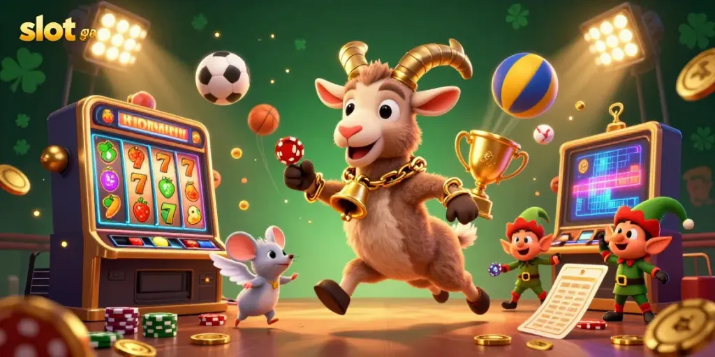 Engaging illustration of Krampus and elves in a slot gacor casino, full of excitement and playful mischief.