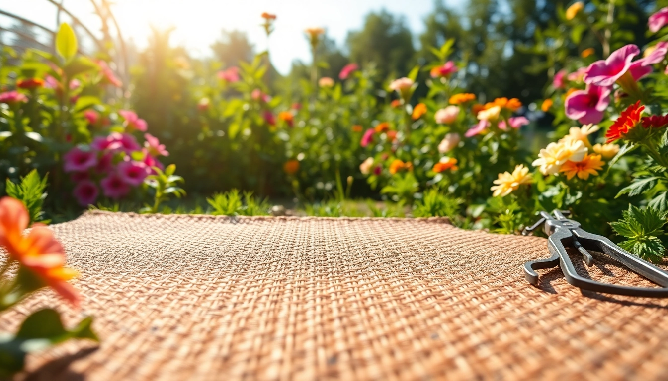 Hanfmatte auf grünem Gartenboden, umgeben von Pflanzen und Blumen.