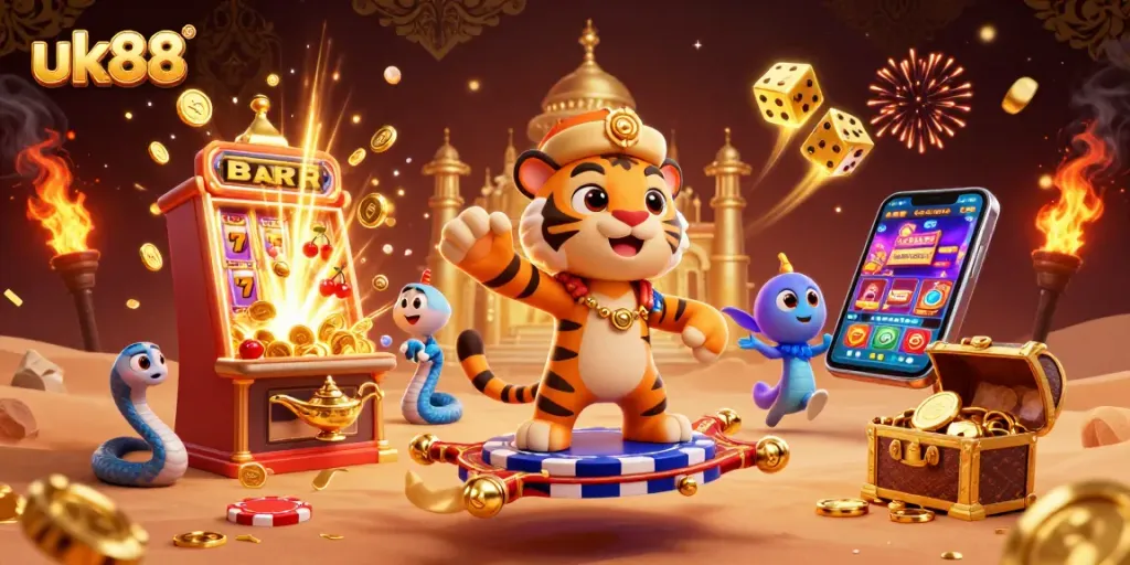 Experience the excitement of uk88 with a vibrant scene of casino games and treasures.