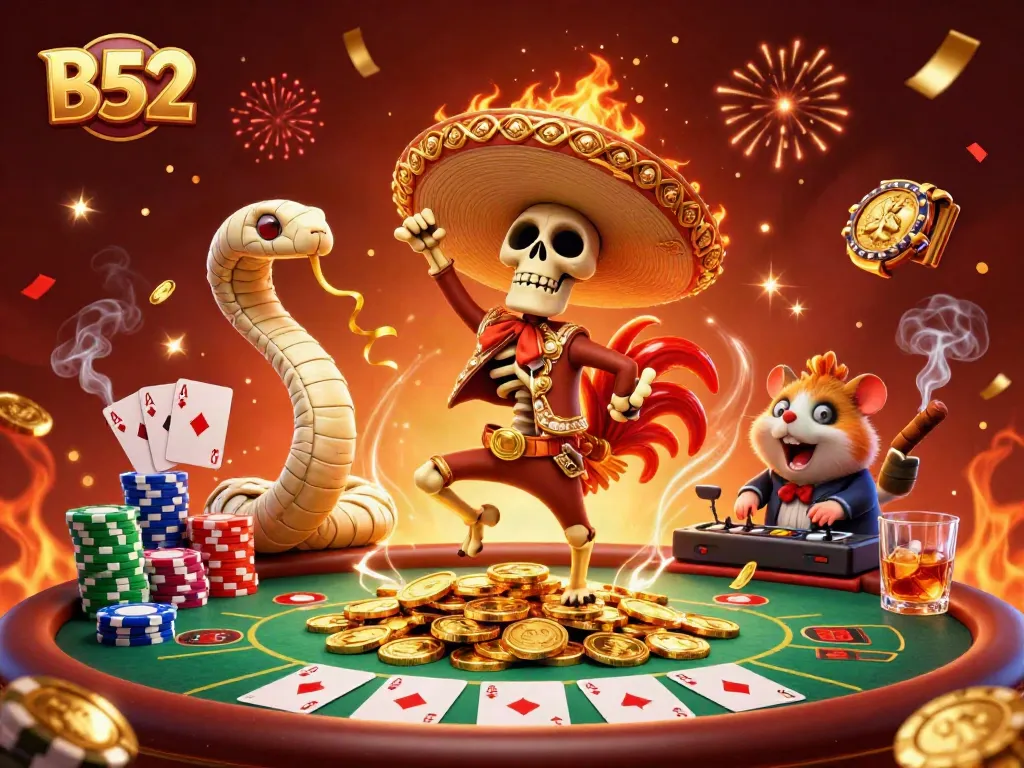 Join the celebration with B52 characters winning big at the poker table in a vibrant casino scene.