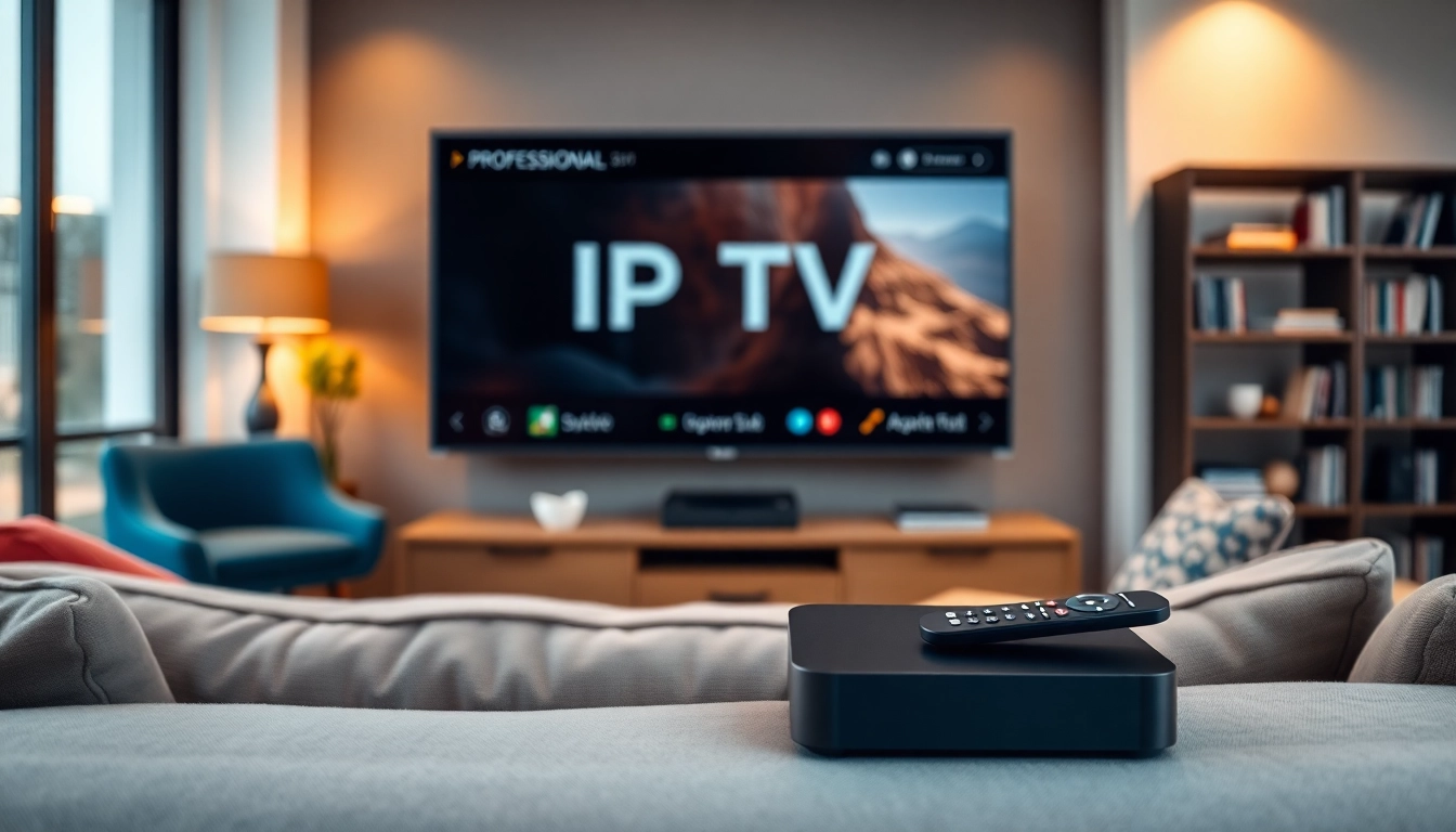 Sehen Sie sich die IPTV Deutschland in einem modernen Wohnzimmer an, mit einem eleganten Fernseher und Streaming-Box.