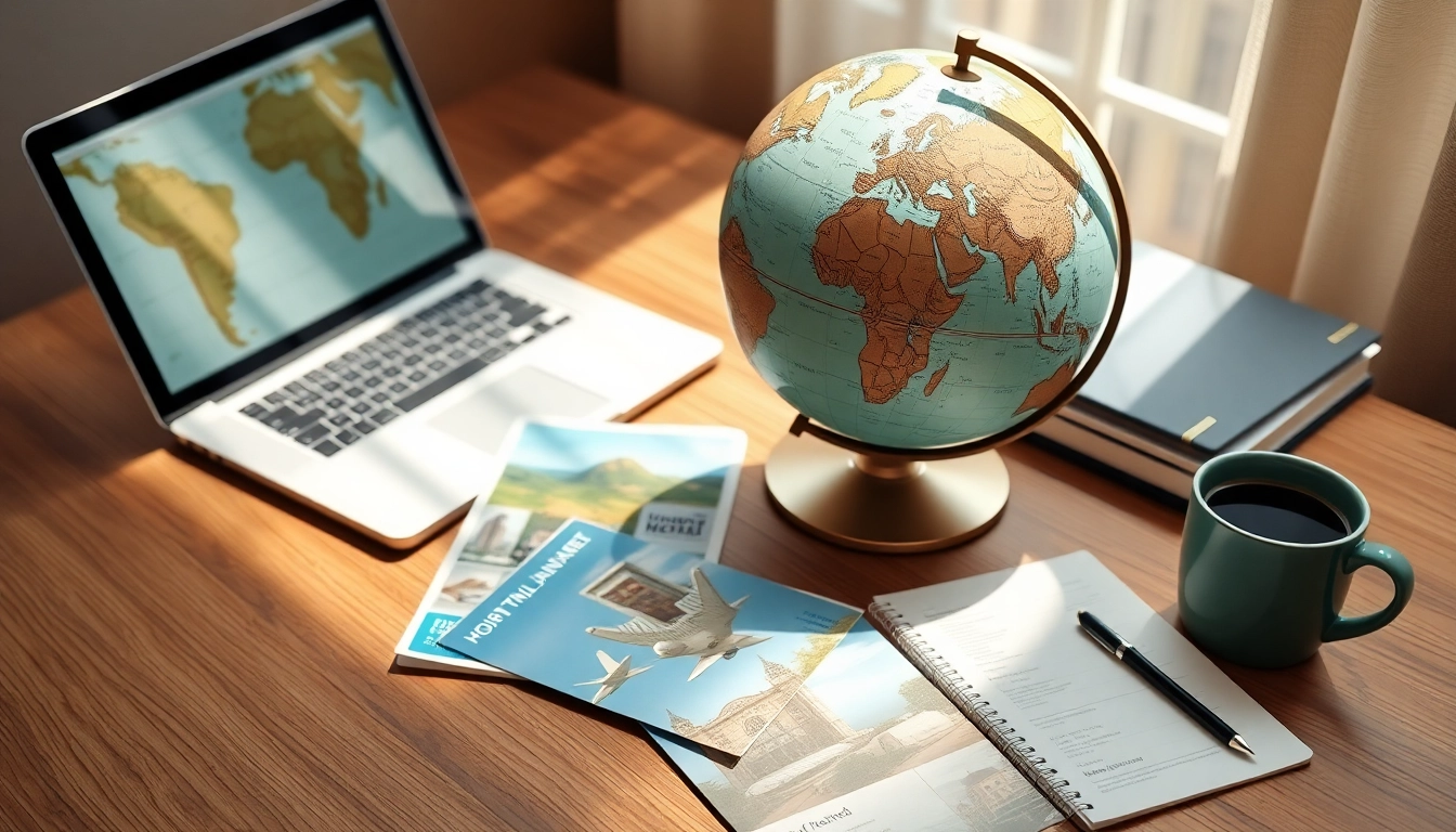 Flug & Hotel Tipps zur Optimierung Ihrer Reiseplanung am Schreibtisch mit Globus und Notizen.