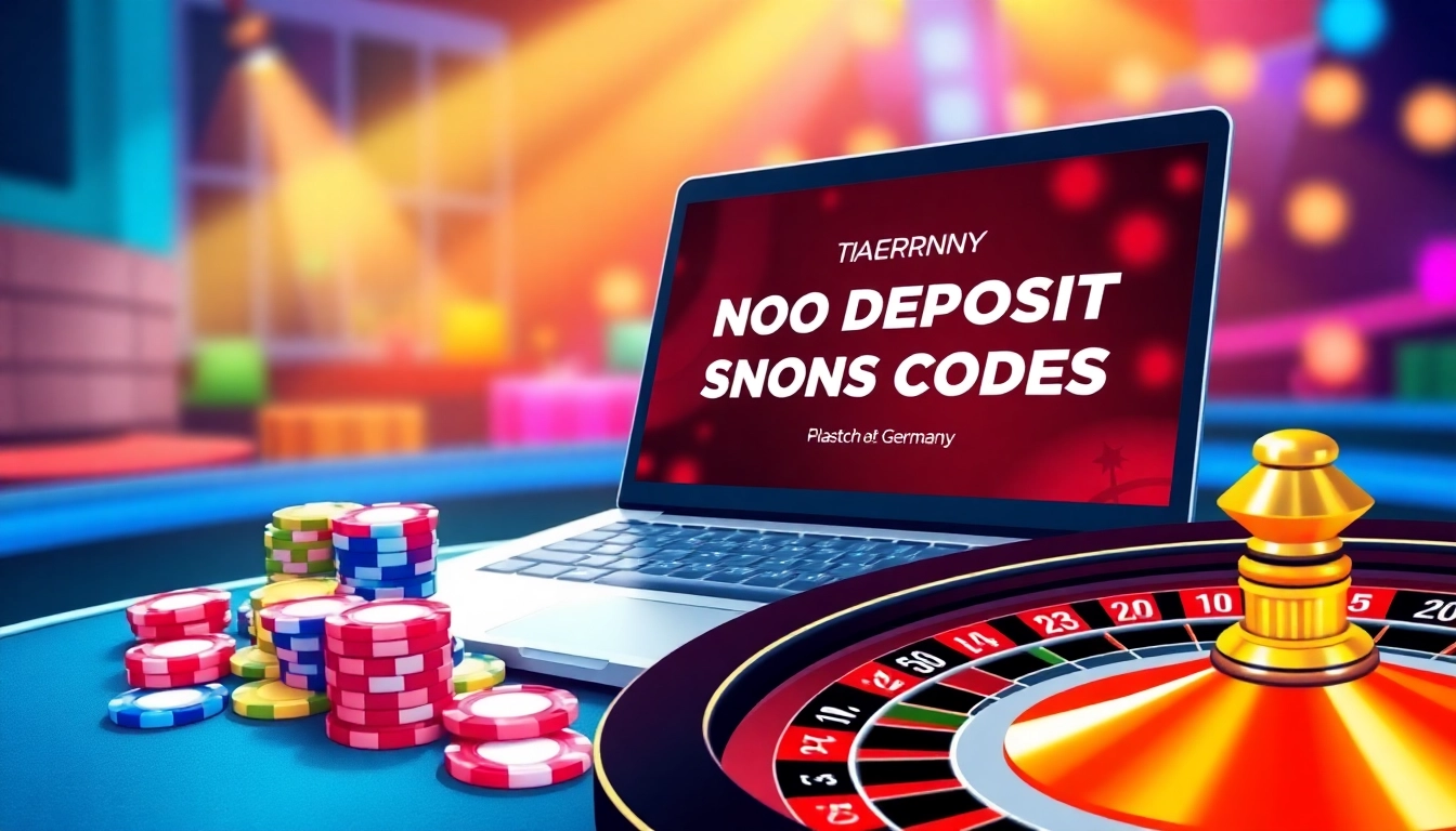 View exciting new no deposit casino bonus codes Germany on a laptop screen amid colorful casino elements.