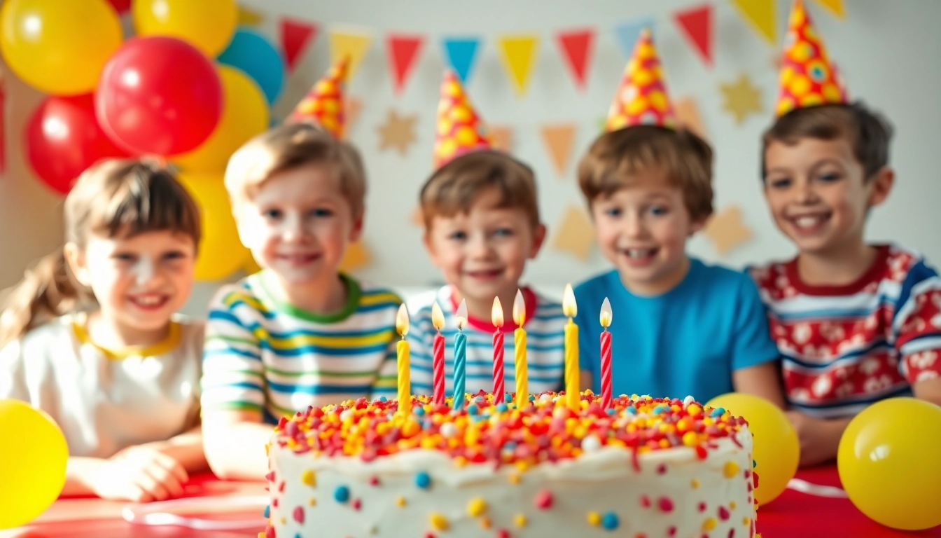 Kindergeburtstag 4 Jahre mit fröhlichen Kindern, bunten Ballons und einem leckeren Kuchen.