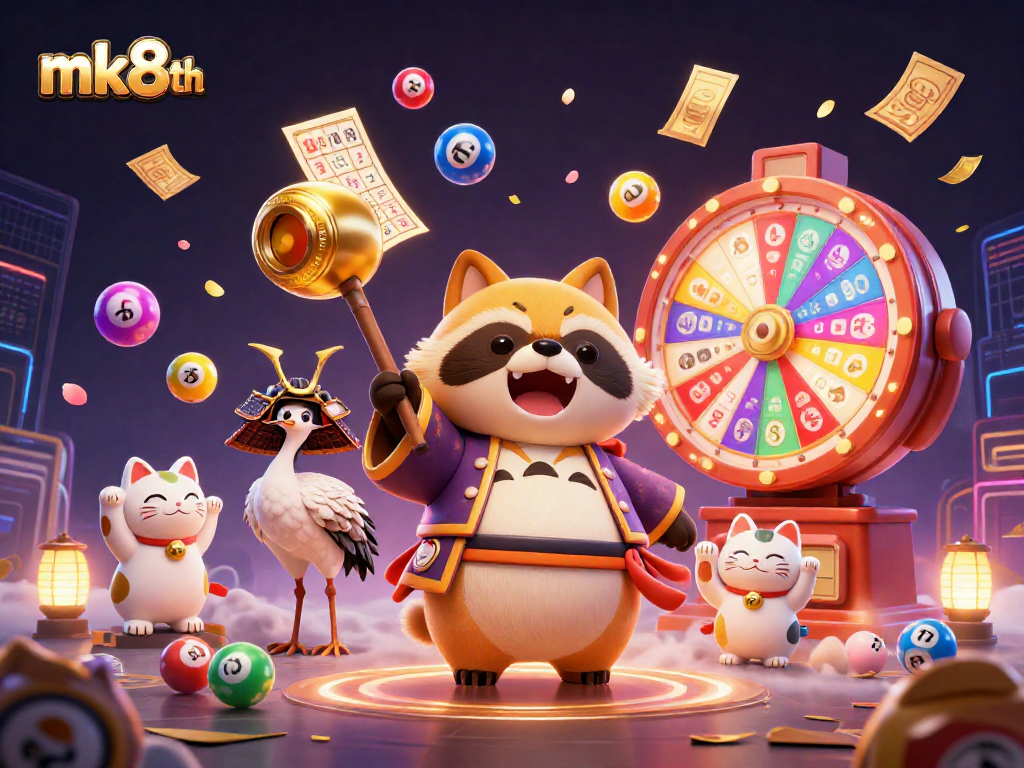 Engage in thrilling lottery excitement with mk8th as the cheerful tanuki and lucky symbols fill the screen.