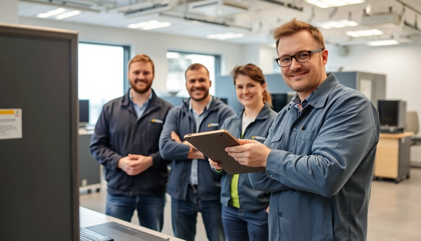 Professionelles Team führt eine DGUV V3 Prüfung durch, wobei elektrische Geräte inspiziert werden.