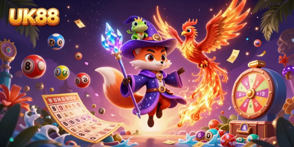 Join the excitement at UK88 with a dynamic depiction of a wizard fox and phoenix amidst colorful lottery elements.