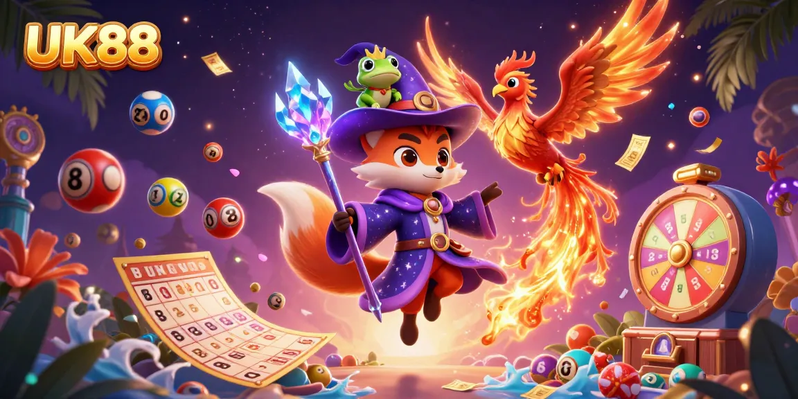 Join the excitement at UK88 with a dynamic depiction of a wizard fox and phoenix amidst colorful lottery elements.