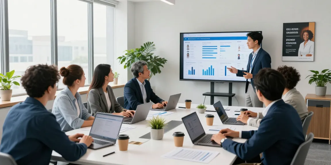 Professionals diskutieren und ihre Führungskraft bewerten in einem modernen Büro.