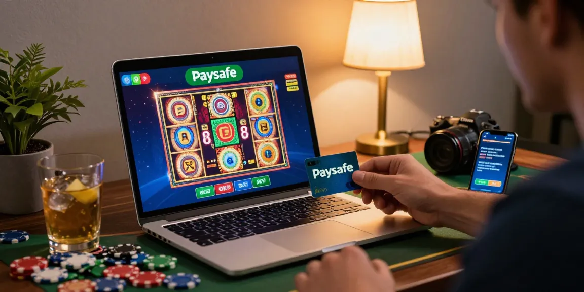 Spieler engagiert sich mit Online-Spielen in einem Paysafe Card Casino, lebhafte Atmosphäre mit Casino-Chips und Getränken auf dem Tisch.