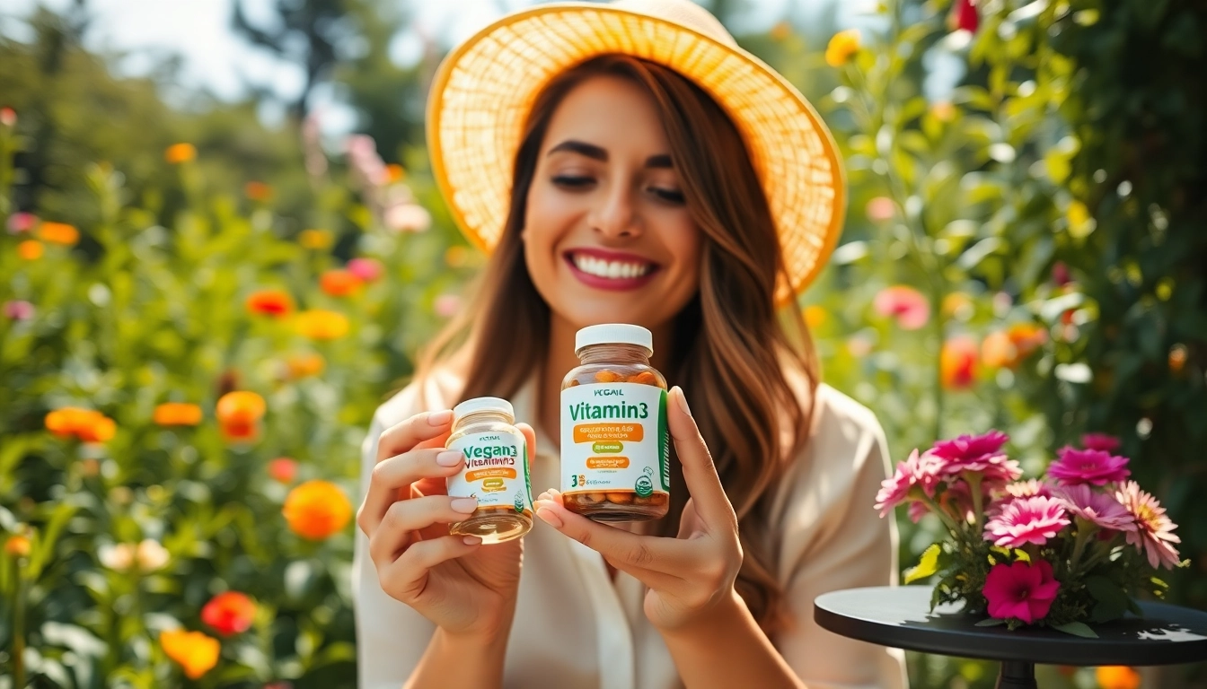 Veganes Vitamin D3 wird von fröhlicher Frau im Garten präsentiert.