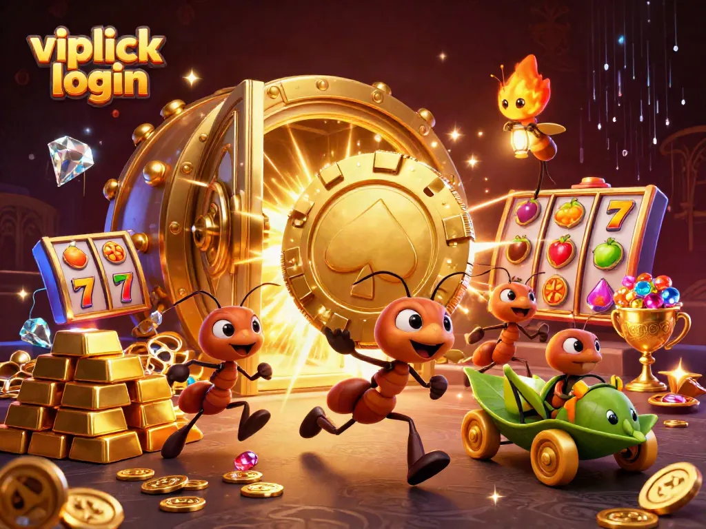 Engage with vipluck login in a dynamic casino heist scene featuring ants and treasures.