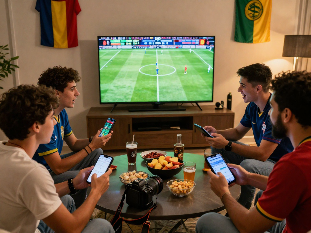 Spannende Fußball WM Wettanbieter Szene mit Freunden, die Wetten platzieren und ein Spiel verfolgen.