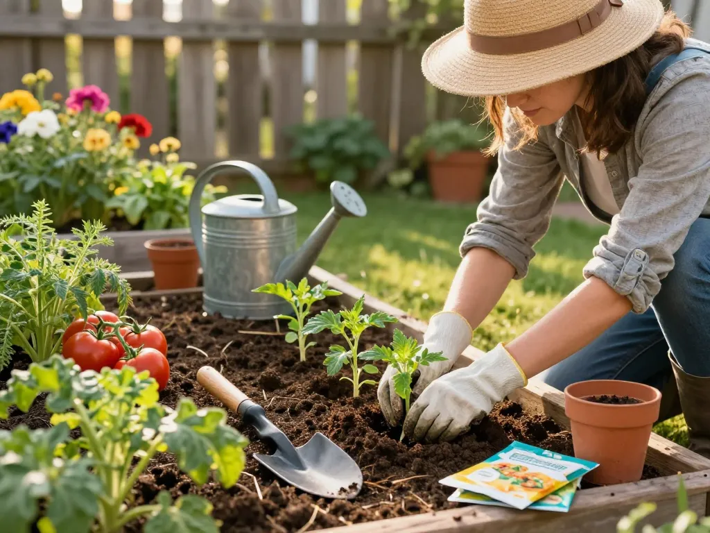 Gardener planting porree jungpflanzen in a vibrant vegetable garden.