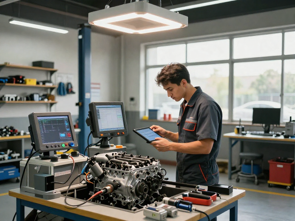 Chiptuning Hannover: Professioneller Mechaniker bei der Motoroptimierung eines BMW in einer modernen Werkstatt.