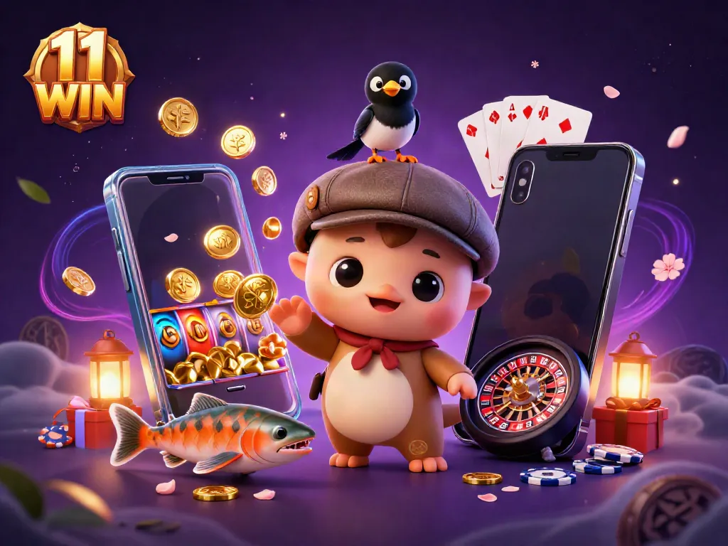 Immerse in the 11 WIN gaming experience with vibrant characters and dynamic casino elements.
