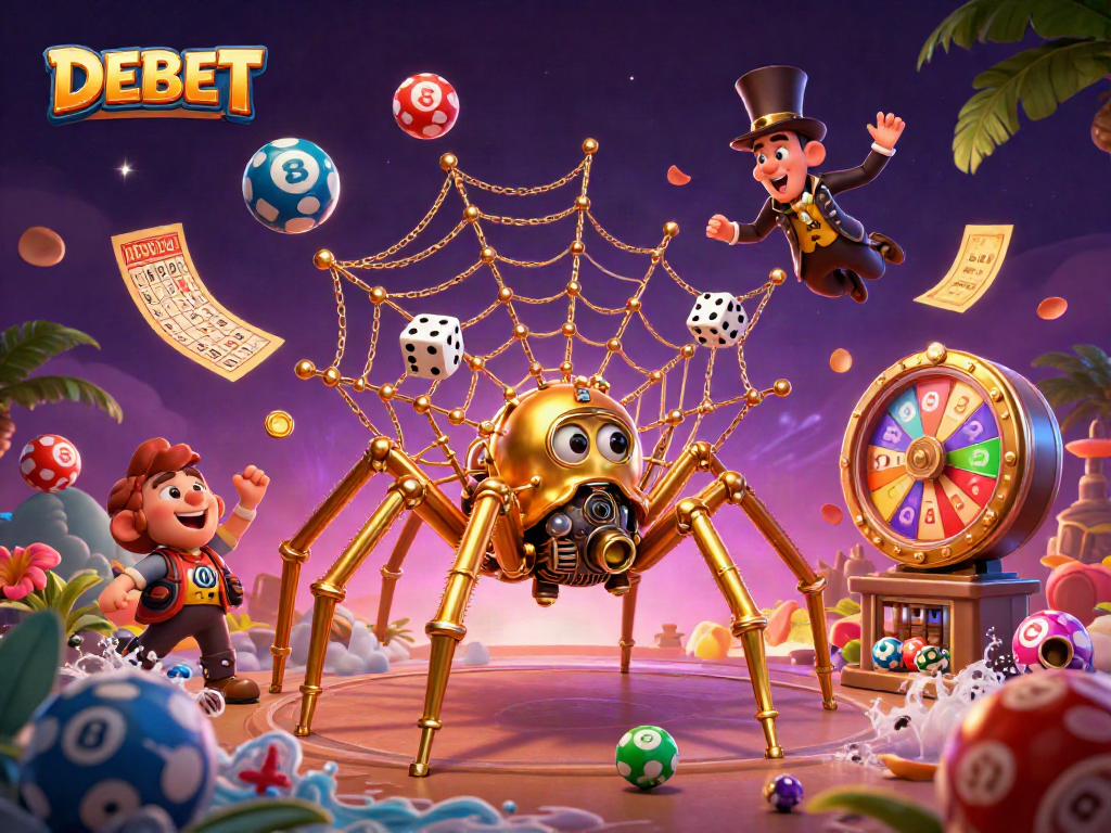 Engage in thrilling gaming with DEBET's steampunk spider illustration, showcasing vibrant lottery balls and prizes.