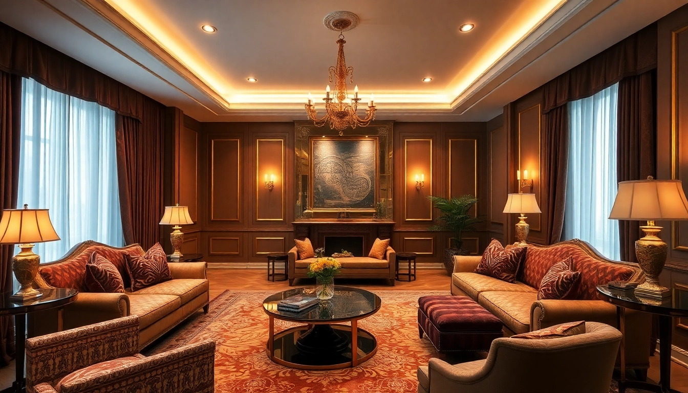Experience luxury with an elegant living room showcasing opulence through rich textures and warm lighting.