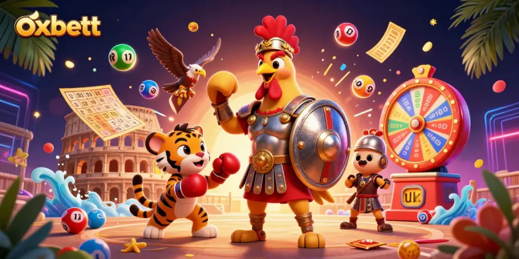 Experience high-energy gaming with oxbett, featuring a gladiator rooster in a vibrant casino scene.