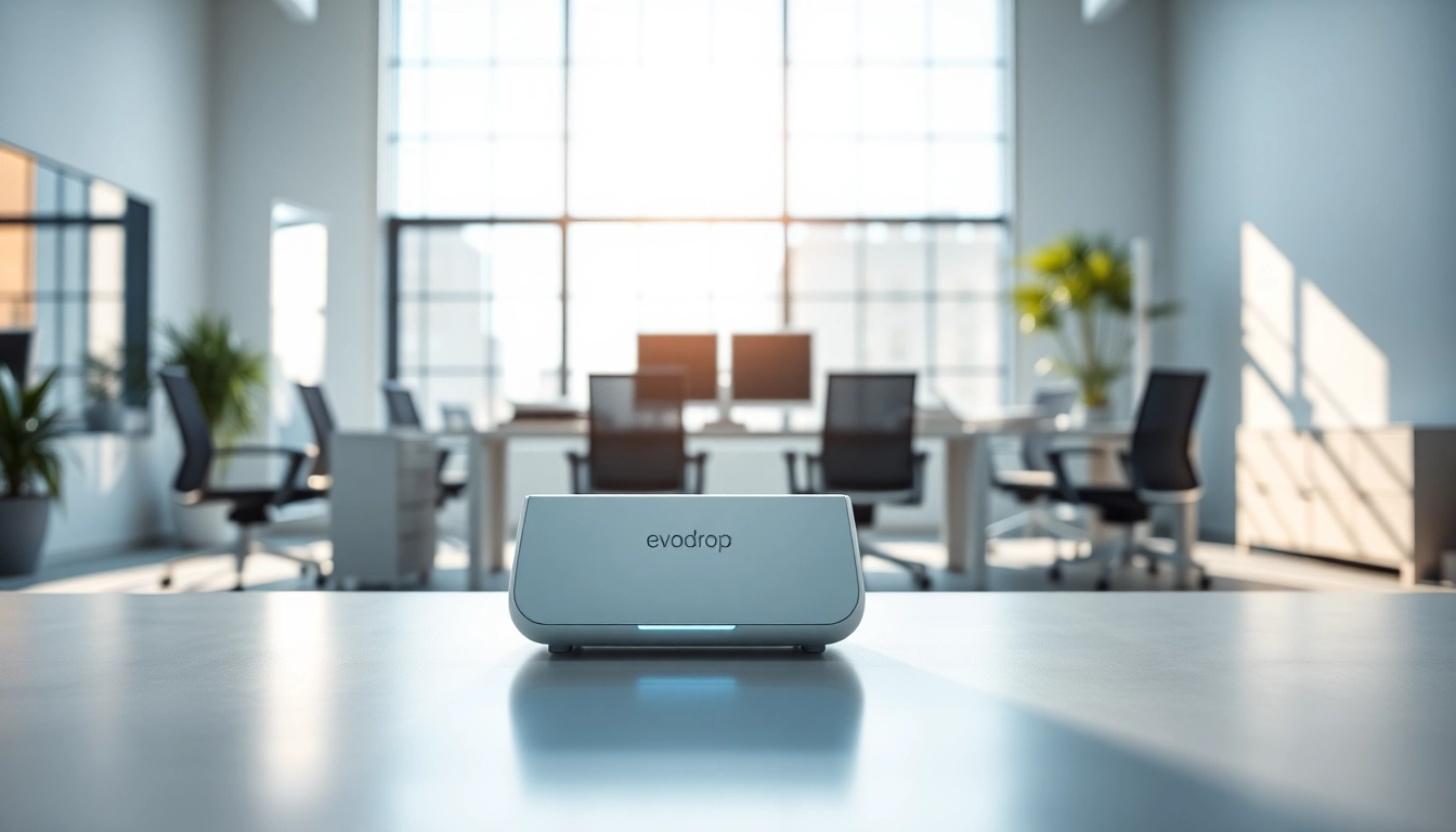 Interaktive Darstellung des evodrop in einem modernen Büro, das Effizienz und Technologie vermittelt.