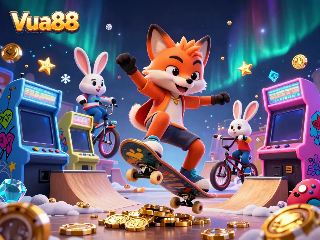 Vua88 features an energetic scene with a fox and rabbit performing stunts amidst vibrant gaming elements.