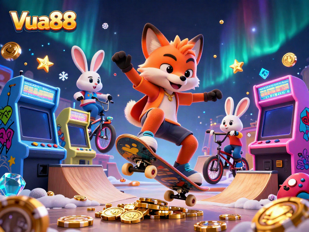 Vua88 features an energetic scene with a fox and rabbit performing stunts amidst vibrant gaming elements.