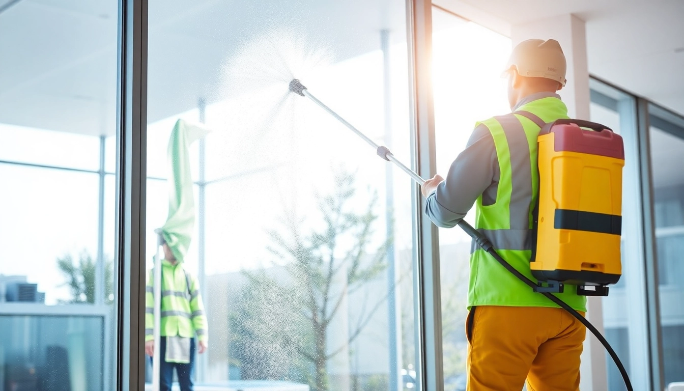 Fensterputzer bei der Arbeit für https://gmh-dienstleistung.de in einem modernen Büro.