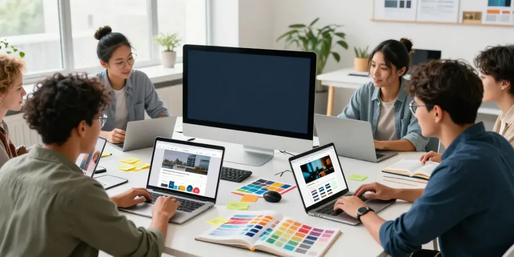 Professionelles Webdesign Saarland Team arbeitet an kreativen Entwürfen in einem modernen Studio.