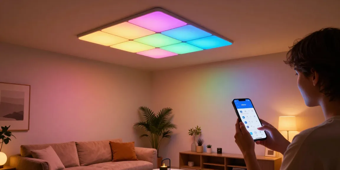 Nanoleaf Skylight Test illuminating a modern living room with vibrant colors and smart technology.