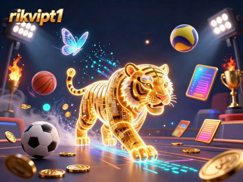 Experience dynamic gaming action at rikvipt1 with a golden tiger in a vibrant casino landscape.