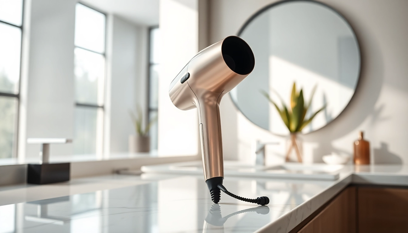 Stylish laifen föhn drying hair in a modern bathroom setup.