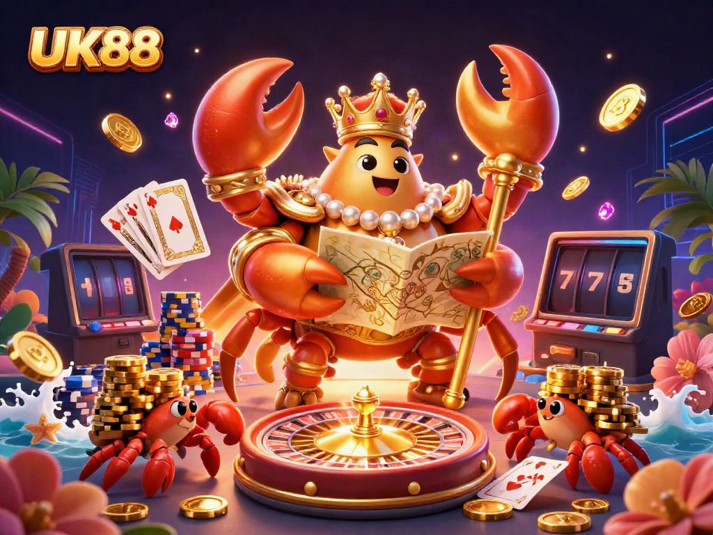 Experience UK88's dynamic casino world with a golden crab emperor and dazzling treasures.