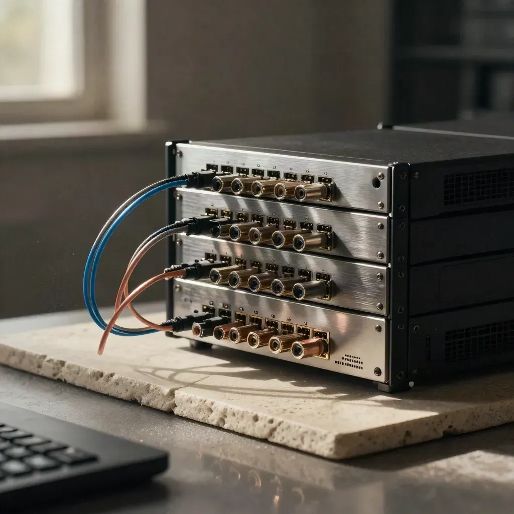 Server-Blades, Kabel und Rack-Modul in dramatischer Azure-Cloud-Hero-Szene auf dunklem Studio-Untergrund