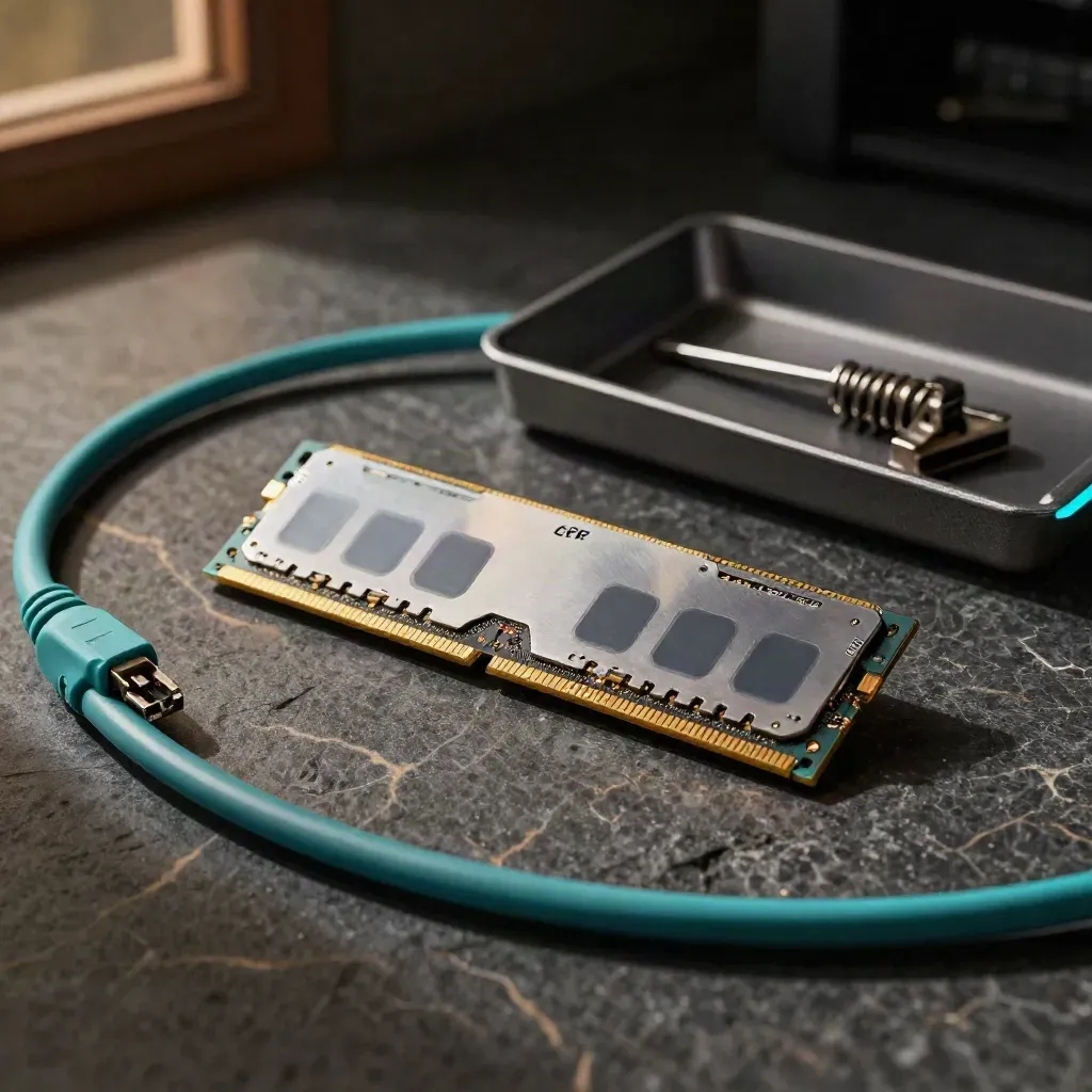 Server-RAM, Netzwerkkabel und Kabelclip auf dunklem Stein im dramatischen Stillleben.