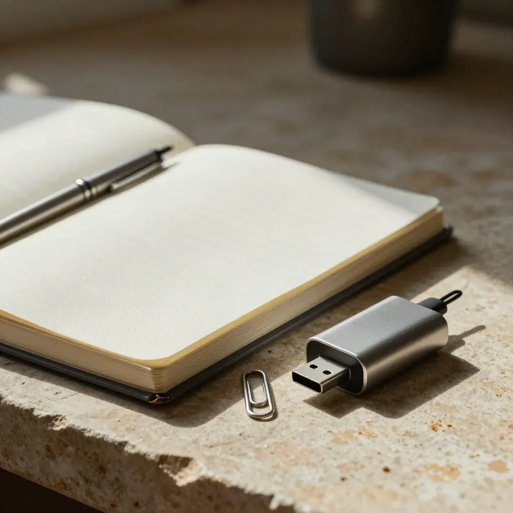 Linen-Notizbuch, Metallstift, Büroklammer und USB-C-Adapter auf warmem Stein im weichen Licht