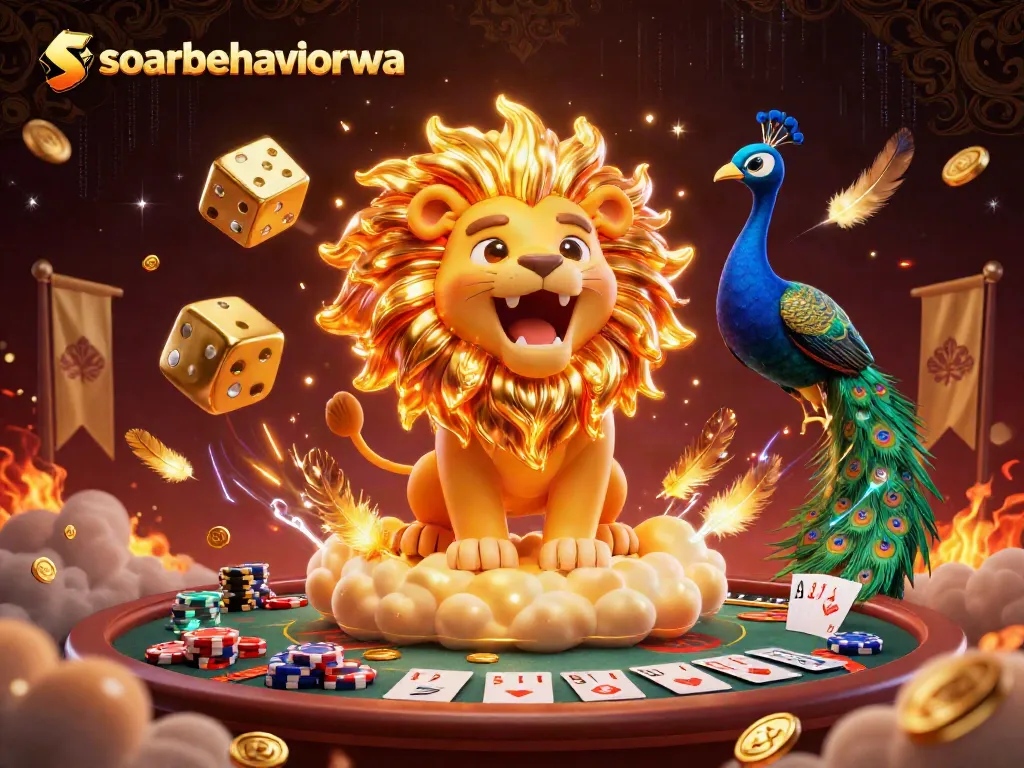 Engage in thrilling gameplay with soarbehaviorwa as a brave lion roars amidst poker chips and golden dice.