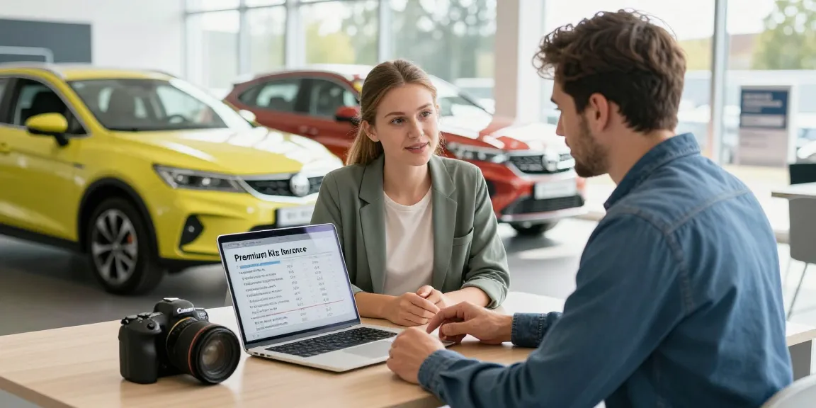 Kfz Versicherung in Dortmund - Beratungsgespräch zwischen Kunden und Berater im Autohaus mit Laptop und Fahrzeugen im Hintergrund.