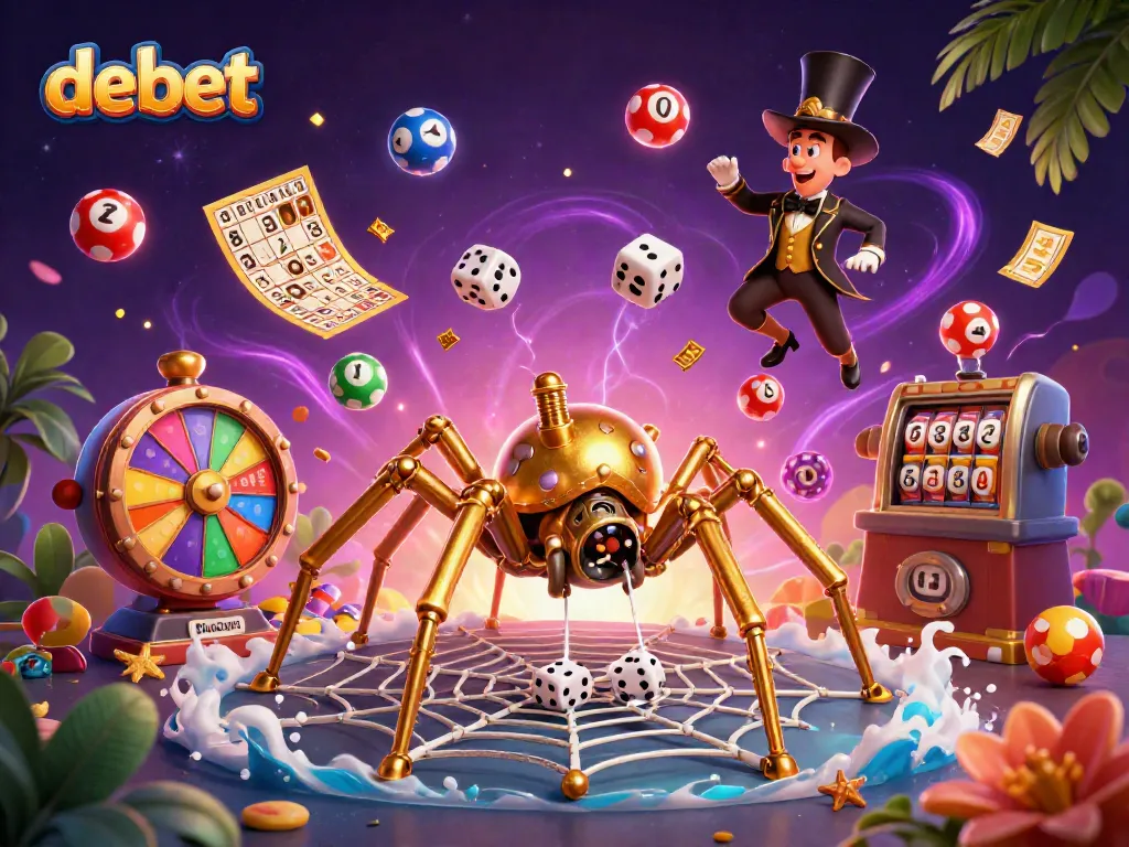 Experience thrilling moments with debet, featuring a whimsical steampunk spider and playful gaming elements.