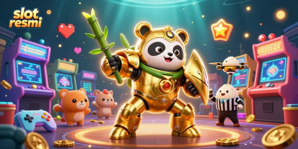 Engage with slot resmi featuring a golden panda piloting a fighting robot amidst a vibrant gaming arena.