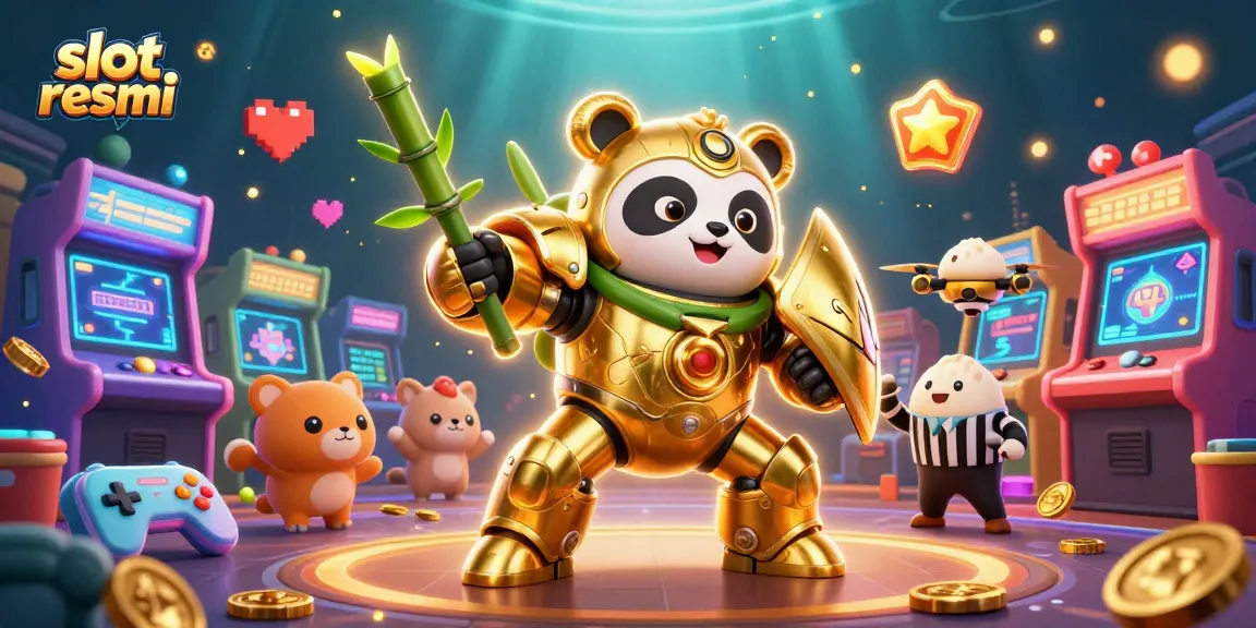 Engage with slot resmi featuring a golden panda piloting a fighting robot amidst a vibrant gaming arena.