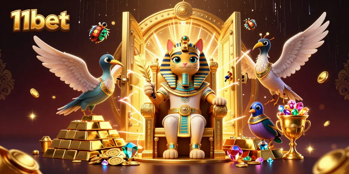 Engage with 11bet's thrilling casino scene featuring a pharaoh cat, golden treasures, and dynamic gaming elements.