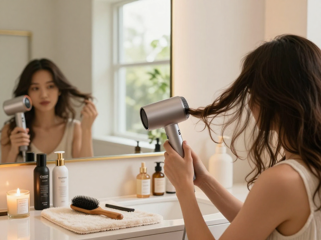 Sleek mini hair dryer in use by a professional woman in a chic bathroom, showcasing a stylish beauty routine.