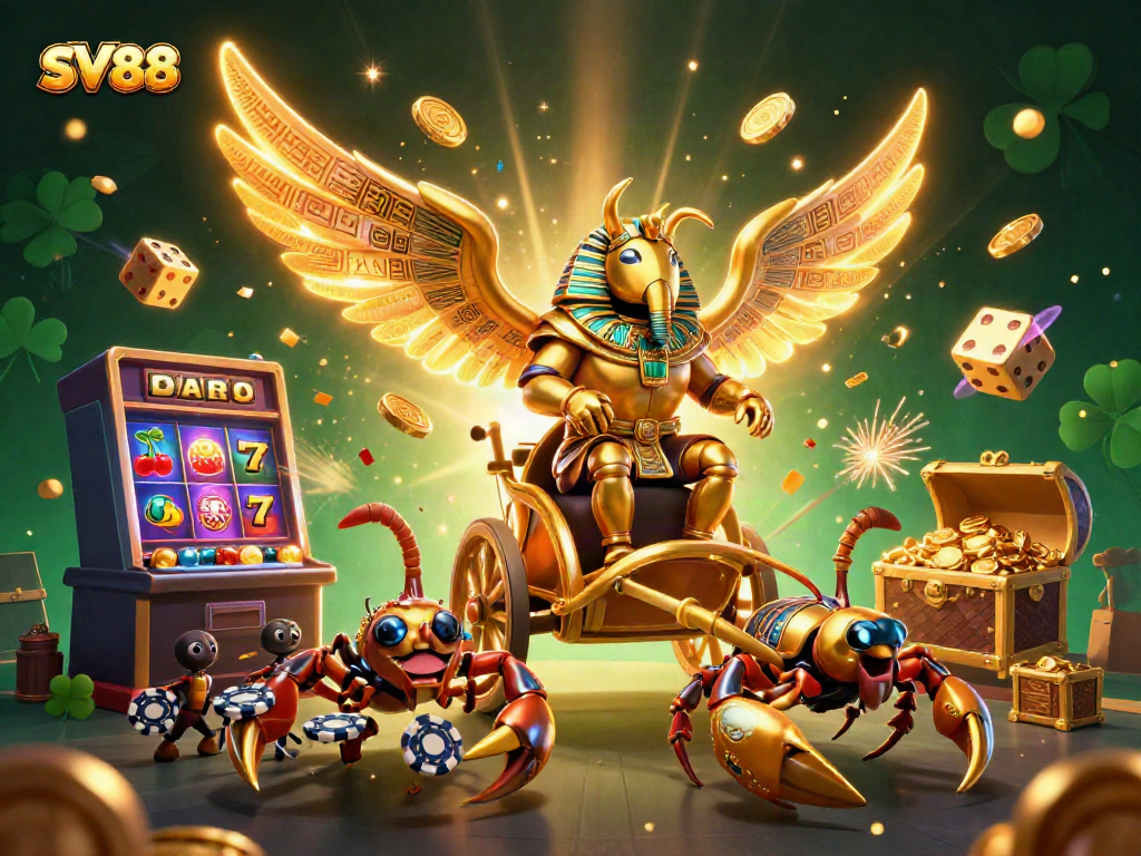 Engage with the vibrant world of SV88 featuring a dynamic 3D casino scene with golden elements and gaming symbols.