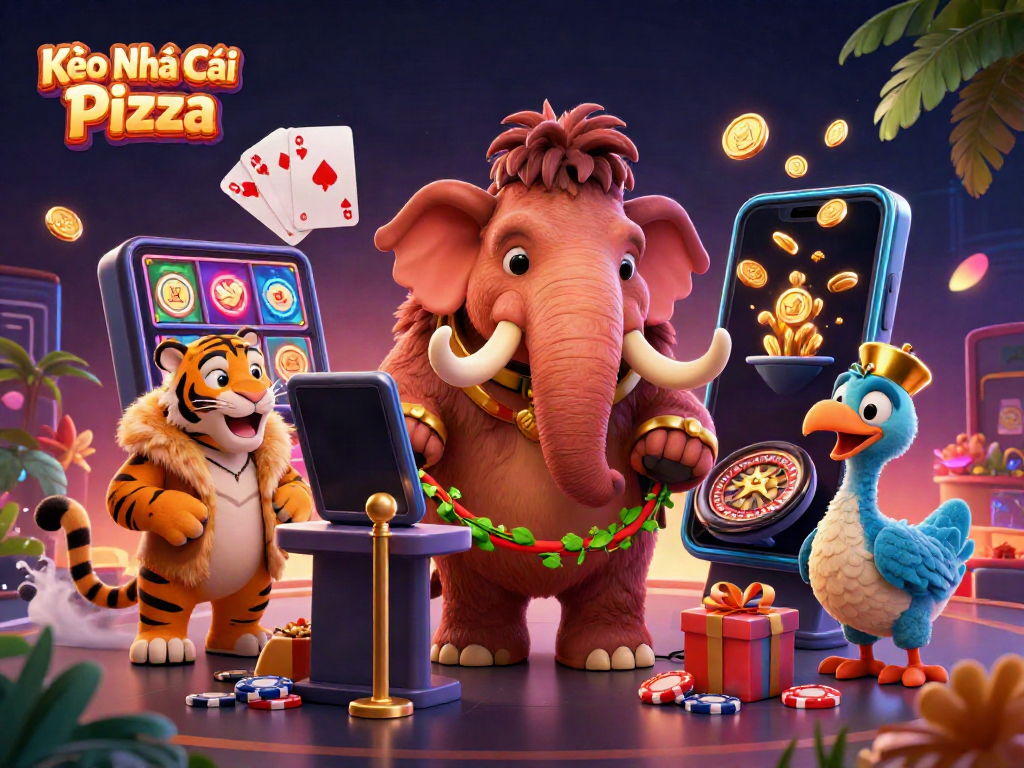 Experience exhilarating gambling with Kèo Nhà Cái Pizza at this vibrant casino scene featuring iconic characters.