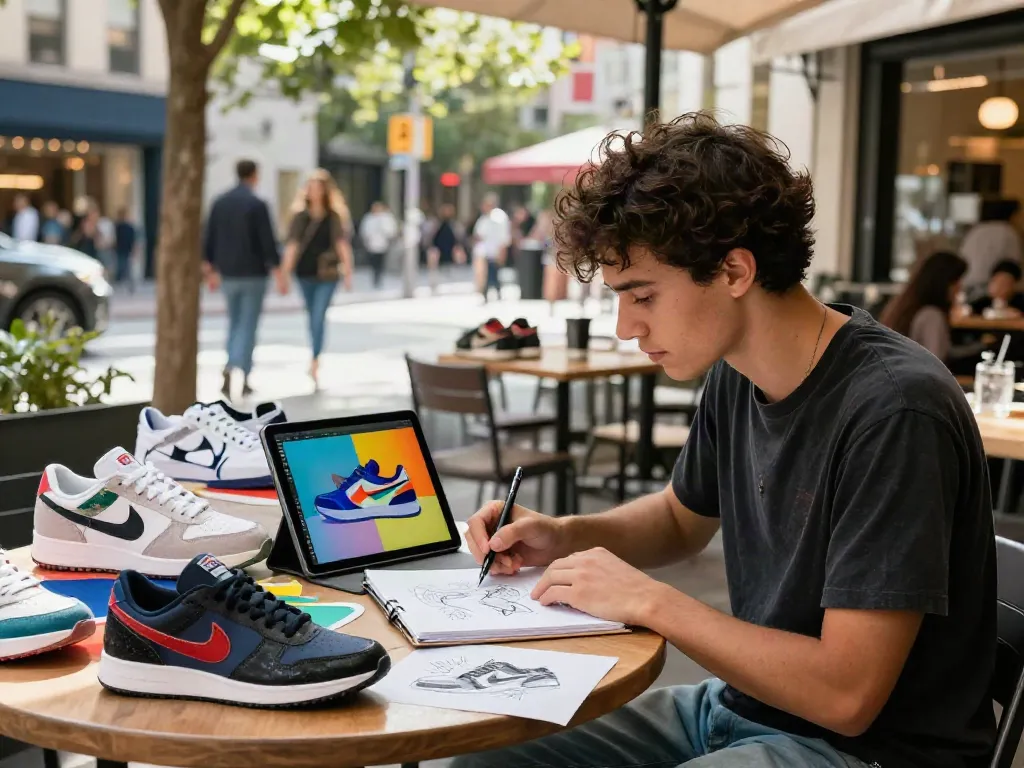 Schuhe selber gestalten: Junger Designer kreiert individuelle Sneaker in einem urbanen Café mit leuchtenden Materialien und Designs.