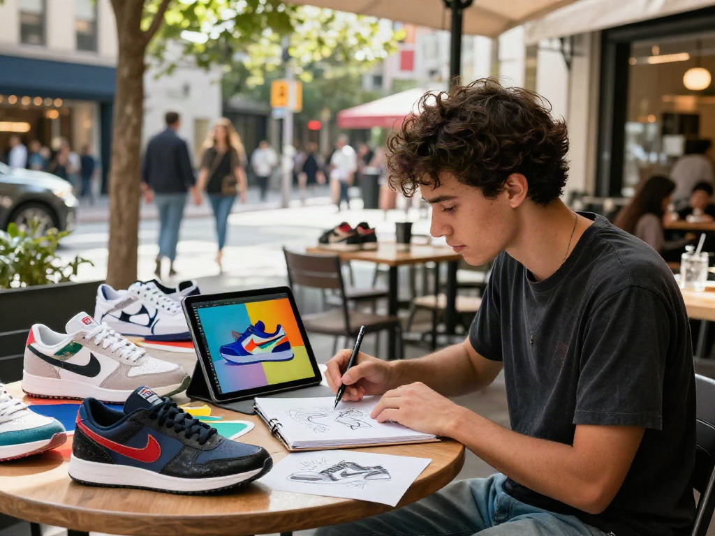 Schuhe selber gestalten: Junger Designer kreiert individuelle Sneaker in einem urbanen Café mit leuchtenden Materialien und Designs.